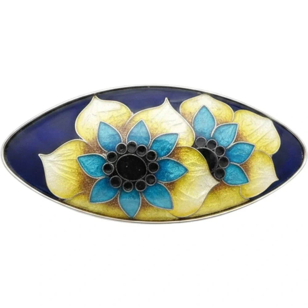 Vintage Oval Enamel Floral Brooch Blue Yellow Sunflowers Silver Tone Pin 2 Inch‎